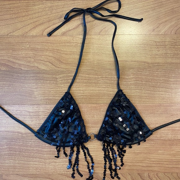 None Tops - Black Faux Leather & Sequin Fringe Festival Bra Top